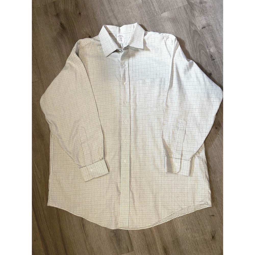 Brooks Brothers Button Down Shirt 17.5-33 Cream Wool Blend Tattersall Preppy